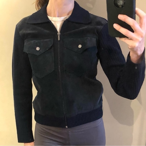 Versace JEANS‎ COUTURE VTG Wool Blend Knit Suede Leather Navy Jacket Sz S - Picture 11 of 16